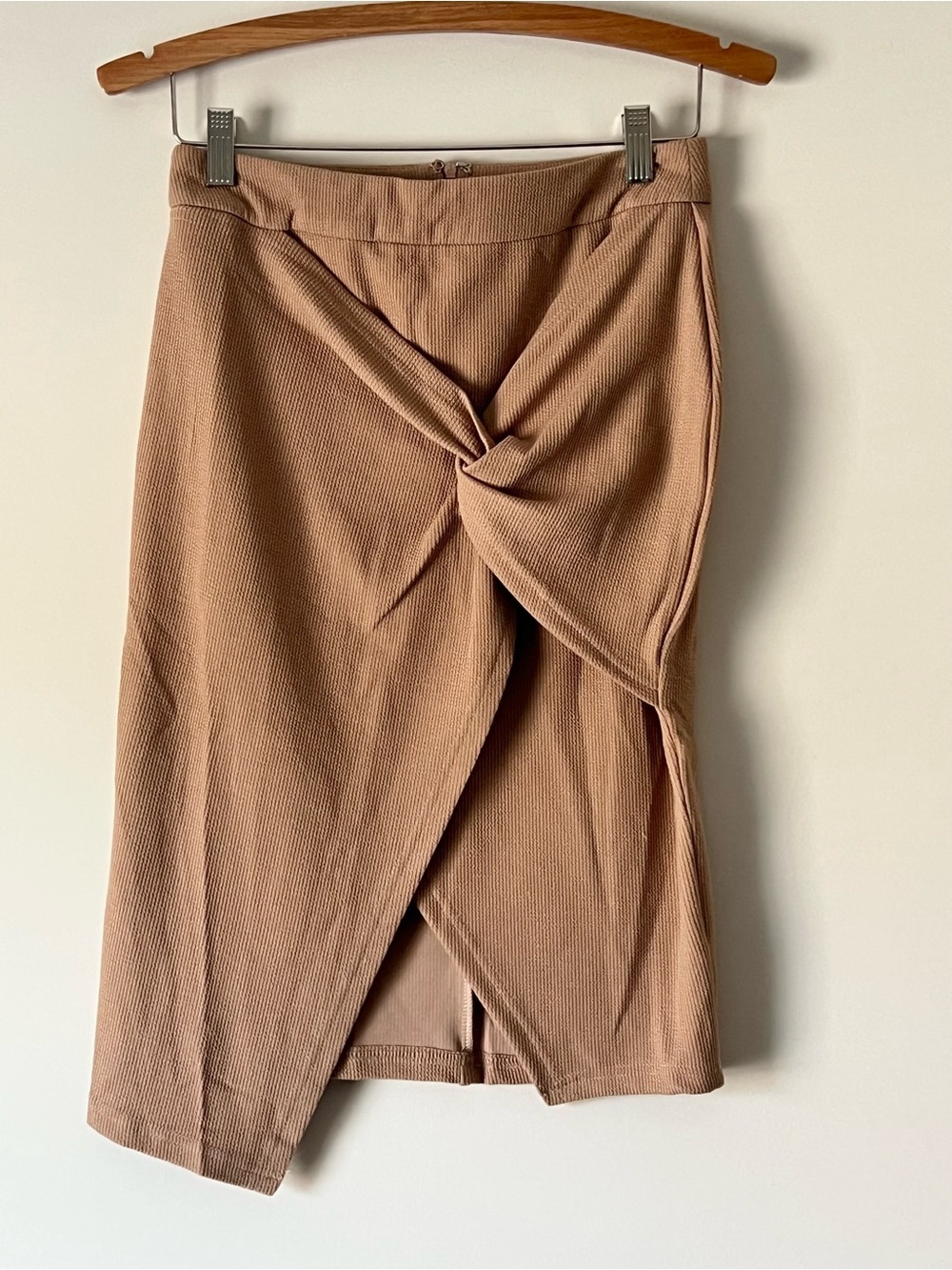 Umgee Knot-Front Midi Skirt in Camel